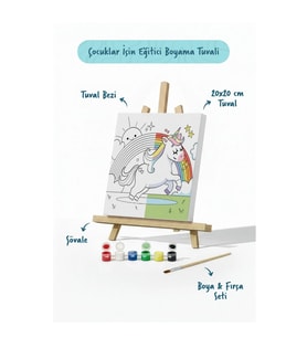Unicorn & Gökkuşağı Figürlü Çocuk Boyama Tuvali – Şövaleli Boya Seti 20x20