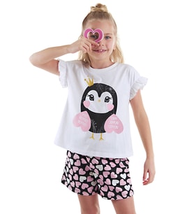 Tatlı Baykuş Kız Çocuk T-shirt Şort Takım (Siyah - Beyaz)
