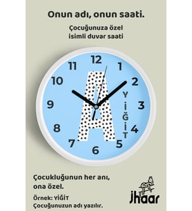 İsme Özel A Harfi Çocuk Odası Duvar Saati Orta Boy 30 cm Beyaz Camlı Sessiz