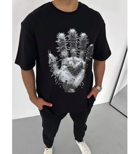 pilelistore- Unisex Bisiklet Yaka Baskılı Oversize T-Shirt - Siyah