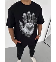 pilelistore- Unisex Bisiklet Yaka Baskılı Oversize T-Shirt - Siyah