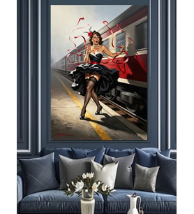 Treni Kaçıran Jartiyerli Pin Up Kadın Dekoratif Kanvas - Mdf Ahşap Tablo