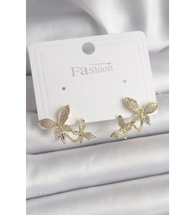Pirinç Gold Renk Zirkon Taşlı Kelebek Model Kadın Küpe 5886