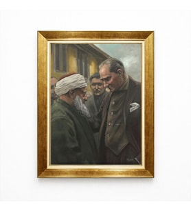 Tablore Atatürk ve Halk Temalı Nostaljik Kanvas Tablo - Altın Çerçeveli Tarihi Dekoratif Tablo