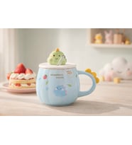 Sevimli Dinozor Kapaklı Seramik Kupa Bardak 500 ML Pipetli Mousse Tasarımlı Kahve & Çay Kupası (Kristal Mavi)