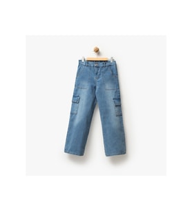 Kız Çocuk Kargo Cepli Wide Leg Kot Pantolon (Açık Mavi)