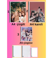 blackpink 3 adet defter seti A4 büyük boy 72 sayfa çizgili_kareli + A5 çizgisiz defter seti