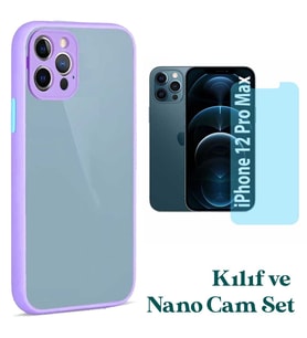 Apple iPhone 12 Pro Max Uyumlu Montreal Kılıf Ve Nano Cam Ekran Koruyucu Set (Lila)