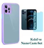 Apple iPhone 12 Pro Max Uyumlu Montreal Kılıf Ve Nano Cam Ekran Koruyucu Set (Lila)