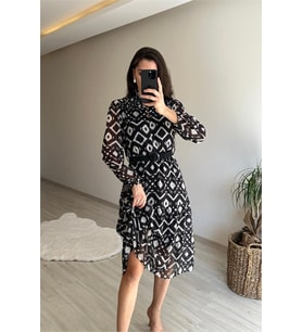 Neşeli butik kadın yaka lastikli geometrik desen midi şifon elbise NM021 (Siyah)