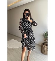 Neşeli butik kadın yaka lastikli geometrik desen midi şifon elbise NM021 (Siyah)
