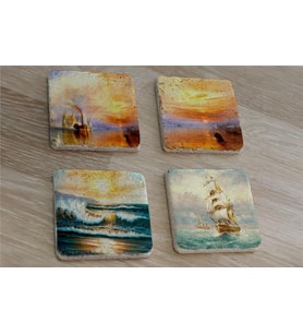 Jmv Turner Gün Batımı ve Yelkenliler Doğal Taş Bardak Altlığı 4'lü set - Natural Stone Coasters