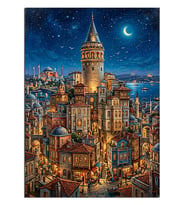 Gece Işıklı Galata Kulesi ve Şehir Manzarası Dekoratif Kanvas - Mdf Ahşap Tablo