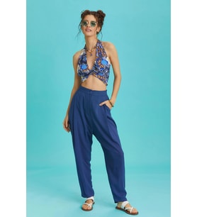 Boyundan Bağlamalı Mavi Desenli Crop Bluz