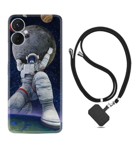 Tecno Spark 9T Kılıf Silikon Boyun Askılı İpli Desenli Silikon Astronot ve Dünya 1759