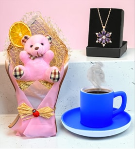 Pembe Ayıcık Buketi, Gerçek Ametist Taşlı Lotus Kolye ve Mavi Türk Kahvesi Fincanı
