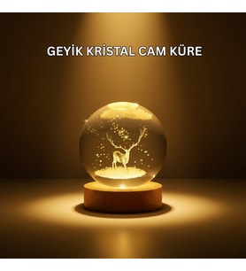 USB Bağlantılı Geyik Temalı Kristal Küre Premium Masa Gece Lambası