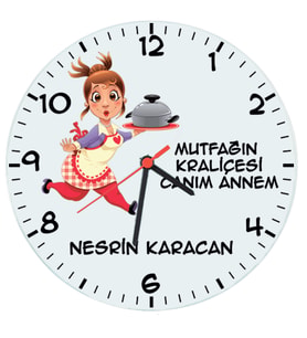 Biresimden Anneye Hediye Mutfağın Kraliçesi İsimli Cam Duvar Saati