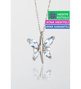 Jewelmim Mavi Gümüş Kelebek Kolye Beyaz Altın Kaplama Bayan Kelebekli 925 Ayar Kadın Gümüş Kelebek Kolyesi (Beyaz)