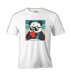 Panda with Sunglasses Reading a Book Beyaz Erkek Tshirt