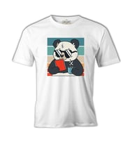Panda with Sunglasses Reading a Book Beyaz Erkek Tshirt