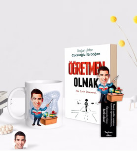 BK Gift Kişiye Özel Erkek Sınıf Öğretmeni Karikatürlü Beyaz Kupa Ahşap Kitap Ayracı ve Öğretmen Olmak Kitabı Hediye Seti-1