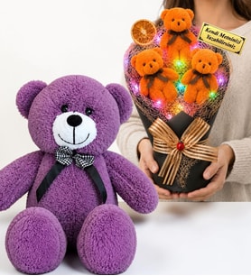 Kişiye Özel Renkli LED Işıklı Peluş Ayıcık Buketi ve 50 cm Büyük Boy Mor Peluş Ayıcık