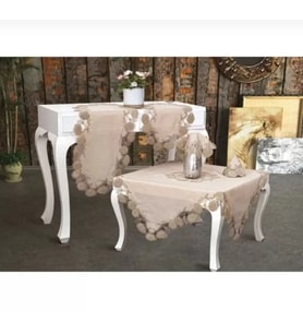 Çeyizlik Flowers Model Kapiçino 5 Parça Keten Dantelli Masa Örtüsü Runner Seti