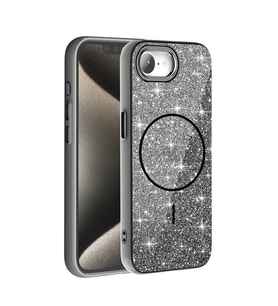 Apple iPhone 16E Uyumlu Kılıf M-safe Şarj Özellikli Parlayan Simli Zore Okso Kapak (Siyah)