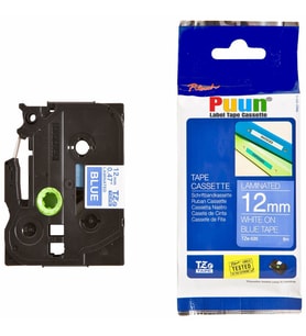 PUUN®Brother P-Touch TZE-535 12MM x 8m Mavi Üzerine Beyaz Muadil Laminasyon Etiket Şeridi (Çok Renkli)