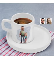 BK Gift Kişiye Özel Sunum Tabaklı Baba Kız Karikatürlü Kahve Fincanı-20, Aileye Hediye, Arkadaşa Hediye