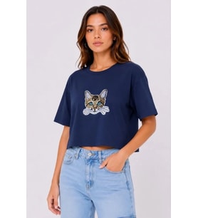 Kedi Baskılı Oversize Crop Tişört Salaş Basic Yarım Kol T-shirt - Lacivert
