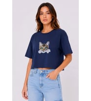 Kedi Baskılı Oversize Crop Tişört Salaş Basic Yarım Kol T-shirt - Lacivert