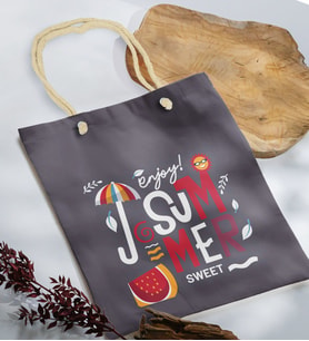 BK Gift Yaz Temalı Antrasit Halat Saplı Kumaş Plaj Çantası -14, Baskılı Omuz Çantası, Alışveriş Çantası, Arkadaşa Hediye, Sevgiliye Hediye