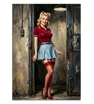 Garaj Kapısında Pin-Up Kız Dekoratif Kanvas - Mdf Ahşap Tablo
