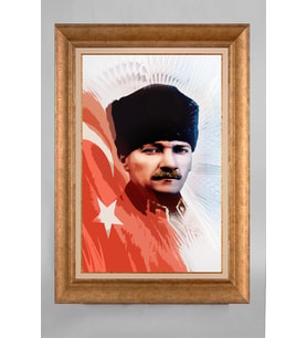 Altın Varaklı Çerçeveli Paspartulu Atatürk Tablo a106 (Gold)