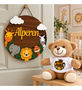 Kişiye Özel Bebek Kapı Süsü (Peluş Ayıcık Hediyeli) – Baby Shower / Hastane Odası