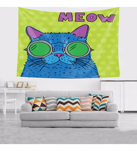 Kedi Desenli Sevimli Gözlüklü Kedi Leke Tutmaz Kadife Doku Kumaş Duvar Örtüsü Duvar Halısı Tapestry (Yeşil)