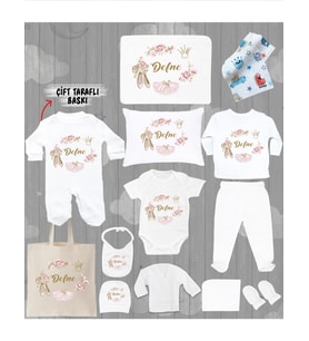 Minito Baby İsme Özel 13'lu Pamuklu Kız Bebek Hastane Çıkışı Seti_MT_287-13 (Krem)