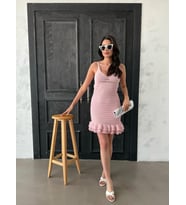 Kadın Mavi Örgü Mini Elbise Askılı Yazlık Fırfır Detaylı Şık Elbise (Pembe)