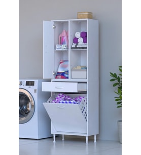 Eliusta Liora Beyaz Çok Amaçlı Banyo Dolabı 65 cm Genişliğe Sahip 65x171x32,5 cm Tek Sepetli 2 Raflı Dolap