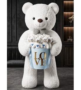 Dev 90cm Beyaz Peluş Ayı + 15 Mini Beyaz Ayıcık Mavi Love Kutusu Erkek Bebek Hoşgeldin Doğum Günü Sevgiliye Konsept Hediye Seti