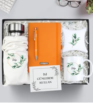 Kişiye Özel Defter & Kalem & Kupa & Kılıflı Matara & Bardak Altlığı Hediye Seti (Turuncu)