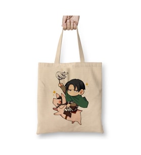 Attack On Titan Chibi Levi Beyaz Bez Çanta Uzun Saplı Alışveriş Çantası Plaj Çantası