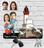 Kişiye Özel Karikatür Baskılı Ahşap Manzara Konseptli Anahtarlık Sevgili-1 25x15 cm