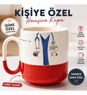 Kişiye Özel İsimli Hemşire Kupası Kırmızı Kulplu Seramik Kupa Hemşireye Hediye