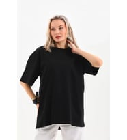 Unisex Bisiklet Yaka 20/1 Düz Oversize T-Shirt - Siyah