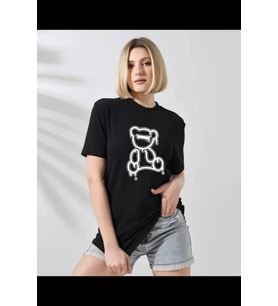 pilelistore- Unisex Bisiklet Yaka Baskılı T-Shirt - Siyah