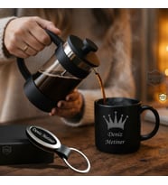 Kişiye Özel Kupa Bardak Anahtarlık French Press Tac Logo Seçenekleriyle  - Erkek Kadın Hediye Seti (Model 1)