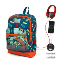 Coral High Kids Civit Neon Turuncu Kaykay Desenli Dört Bölmeli USB Şarjlı Kulaklık Çıkışlı Okul Sırt Çantası 23823
